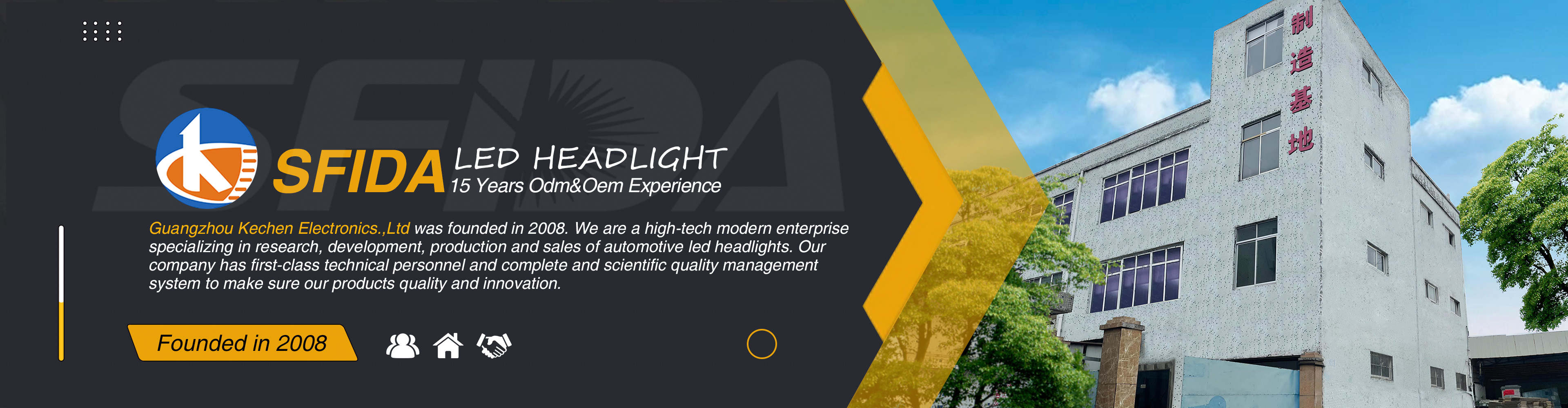 15+ years experience in auto lighting business
Own brand Sfida and 5000+ square meters factory.